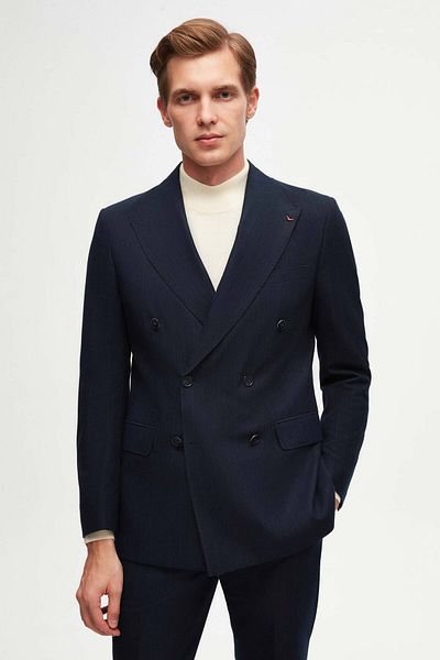 D'S Damat Navy Blue Striped Viscose Double BreastedSlimFit Suit