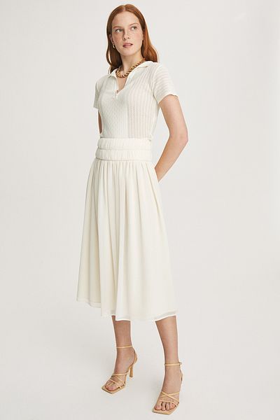 Perspective Lily Regular Fit Midi Length High Waist Ecru Color Skirt