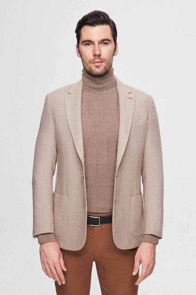 D'S Damat Μπεζ μπλέιζερ μπουφάν - Groom Regular Fit με Dobby και διπλό σχιστό