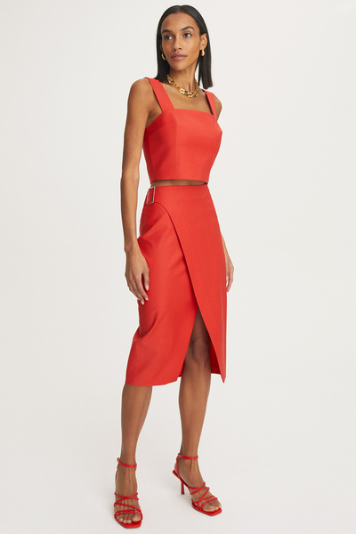 Perspective Adiele Regular Fit Below Knee High Waist Red Color Skirt