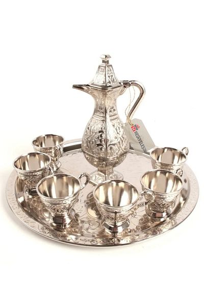 Hediyeleşin Zemzem Service Set, Sena Ebruli Zemzem Set, Nickel Plated - 8 Pieces