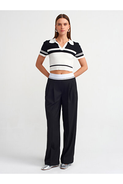 Dilvin 10591 Polo Neck Ecru-Μαύρο ριγέ Crop πουλόβερ