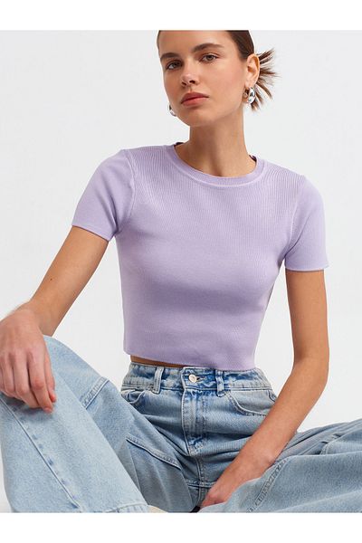 Dilvin 10357 Pulover crop cu maneci scurte cu decolteu-liliac