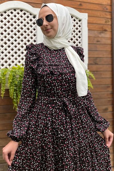 Rabia Şamlı Beliz Mini Shawl Patterned Dress Black