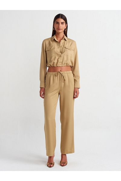 Dilvin 71268 Wide Leg Drawstring Special Cut Trousers-Camel