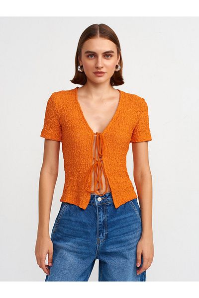 Dilvin 31224 Dark Orange Lace Blouse - Front Tie