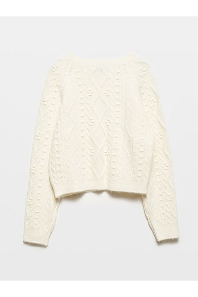 Dilvin 10462 Crew Neck and Stone Embroidered Sweater - Ecru