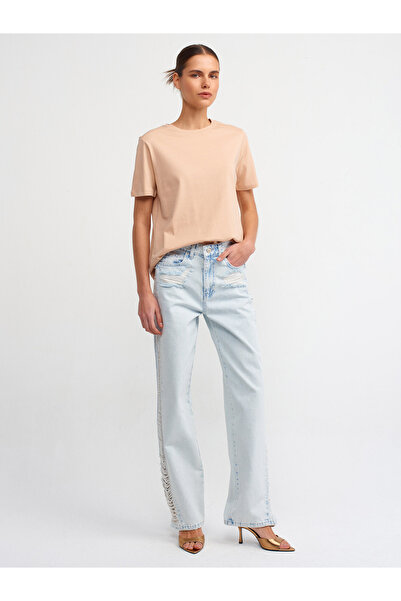 Dilvin 30740 Βαμβακερό μπλουζάκι Beige Crew Neck