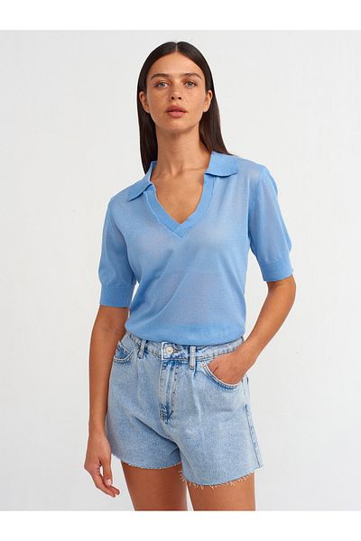 Dilvin Model 10570 - Bluză albastră transparentă cu gât polo