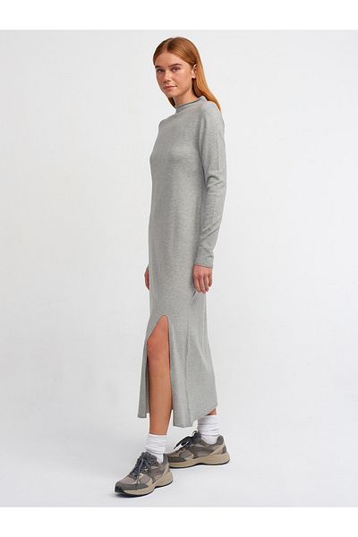 Dilvin 90170 Stand Collar Front Slit Knitwear Dress-Grey