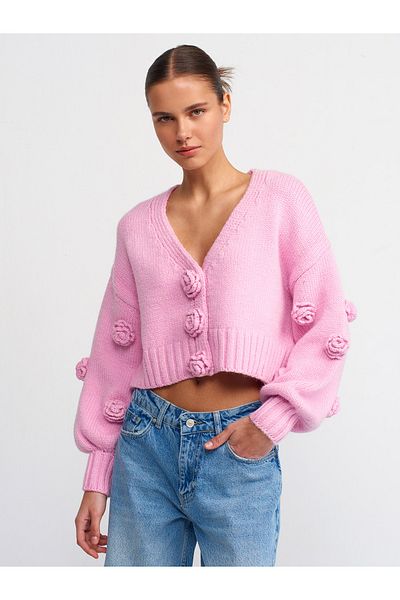 Dilvin 60216 Model - Pink V-neck Embroidered Knitwear Cardigan with Balloon Sleeve