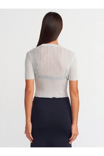 Dilvin 10571 Model - Light Gray Knitwear Blouse with Crew Neck and Transparent Detail