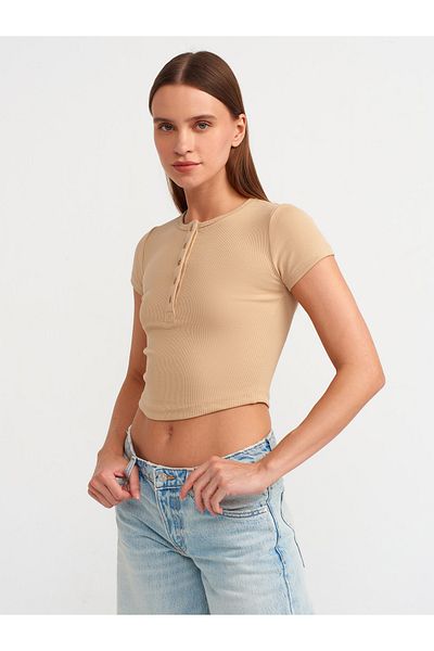 Dilvin 30938 Crop Top Bej - Detaliat cu nasturi