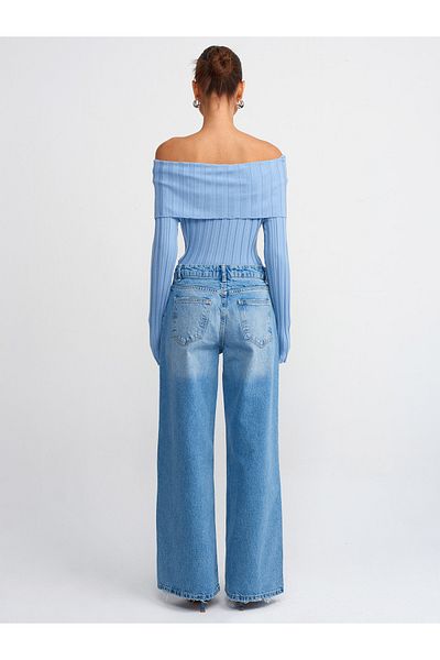 Dilvin 71429 Pantaloni largi din denim cu spălare pentru zăpadă-albastru