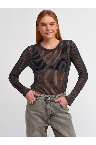 Dilvin 10478 Pale Effect Crew Neck Transparent Sweater-Smoked