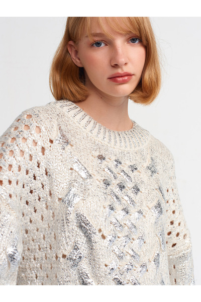 Dilvin 10465 Foil Print Hair Knitted Sweater-Ecru-Silver