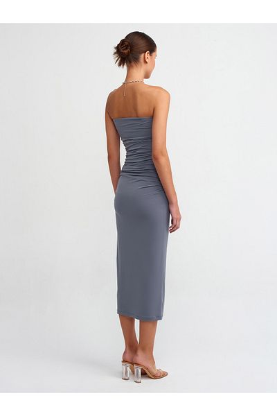 Dilvin 90865 Rochie midi drapată fără bretele-Afumat