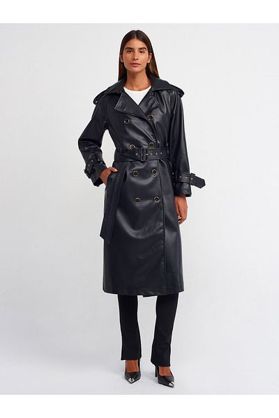 Dilvin 65455 Faux Leather Trench Coat-Black
