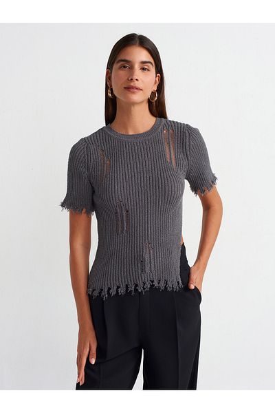 Dilvin 10555 Crew Neck Ripped Detailed Knitwear Sweater-Smoked