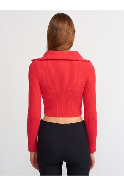 Dilvin 10299 Pulover scurt cu nervuri cu gât camioner-roșu