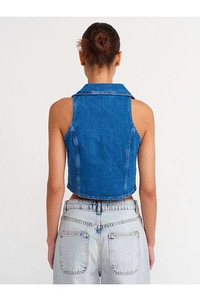 Dilvin 50714 Vestă scurtă din denim cu guler dublu-albastru
