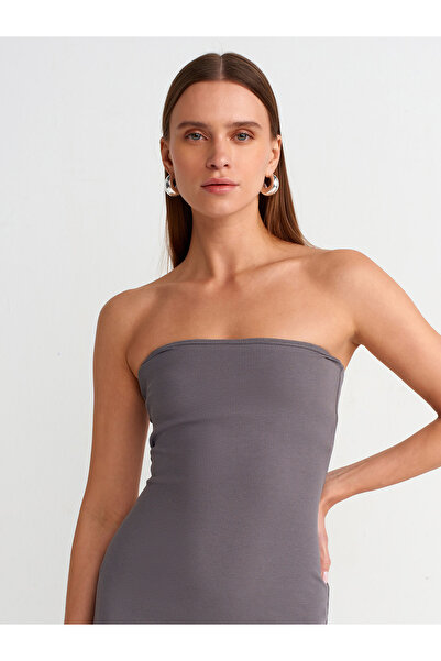 Dilvin 91100 Straplez Midi Elbise-Füme