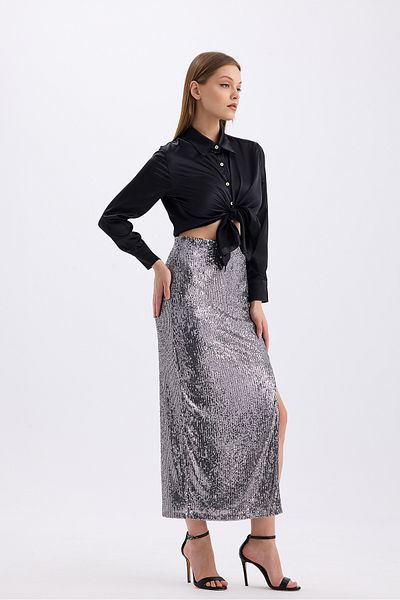 Sense Anthracite Sequined Evening Skirt - Elastic Waist and Lined Inside Etk35405