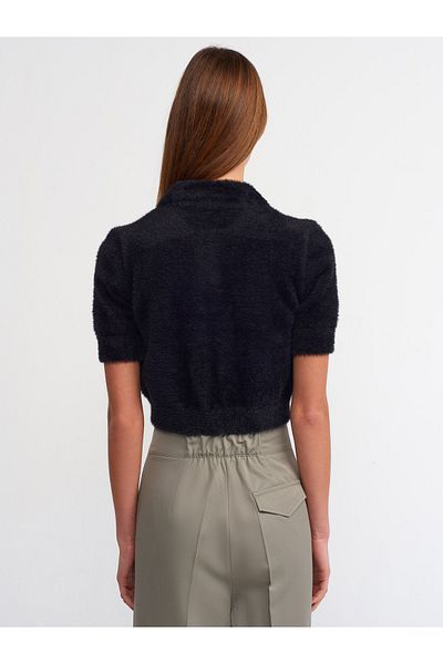 Dilvin 10475 Pulover crop cu textura moale cu nasturi cu guler polo-negru