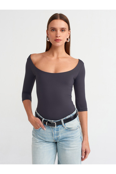 Dilvin Anthracite Boat Neck Polyamide T-Shirt - 30900