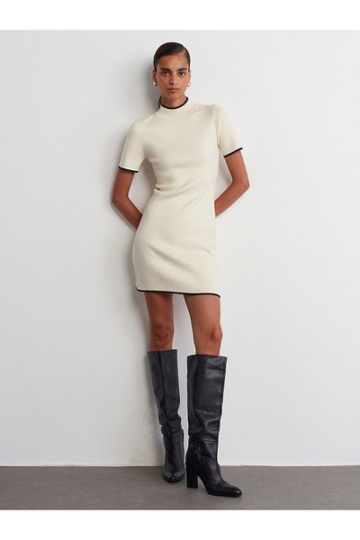 Dilvin 90228 Mini Knitwear Dress - Stand Collar, Cream Color, Size S