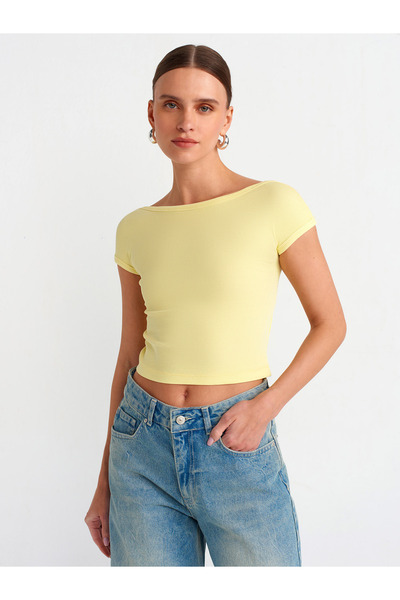 Dilvin 30419 تي شيرت بتأثير شاحب مع تفاصيل خلفية - أصفر