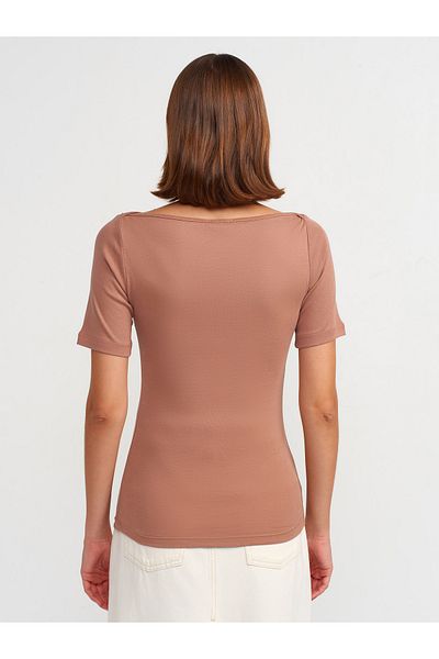 Dilvin 31164 Model Light Brown Color Boat Neck T-Shirt