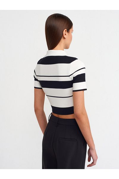 Dilvin 10532 Model Polo Collar Striped Knitwear Top - Ecru Black