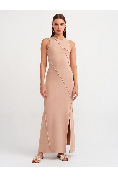 Dilvin 90868 Rochie maxi bej - Efect de spalare