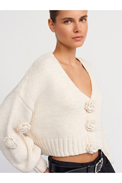 Dilvin 60216 Model s výstřihem do V Růže s vyšívaným balónovým rukávem Pletený kardigan - Ecru