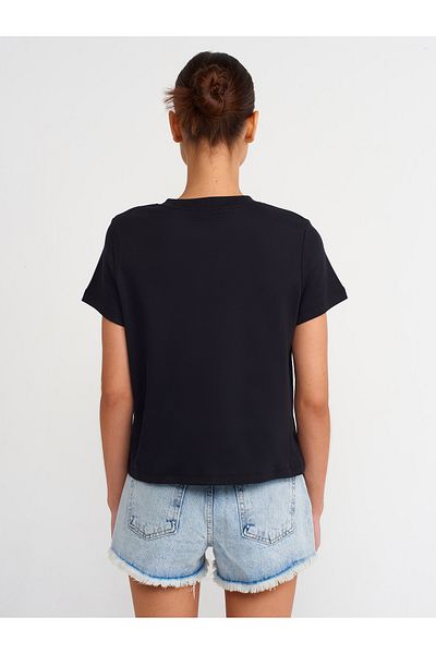 Dilvin 30584 Βαμβακερό μπλουζάκι Crew Neck-Μαύρο
