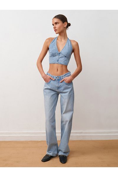Dilvin 71441 Low Waist Straight Denim Trousers-Blue
