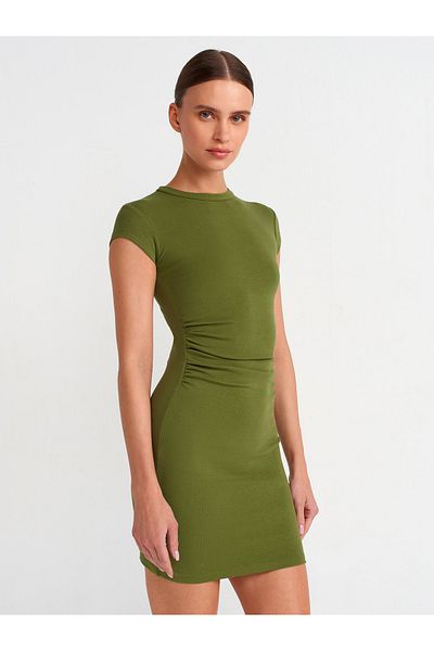 Dilvin 91114 Gathered Fitted Mini Dress-Khaki