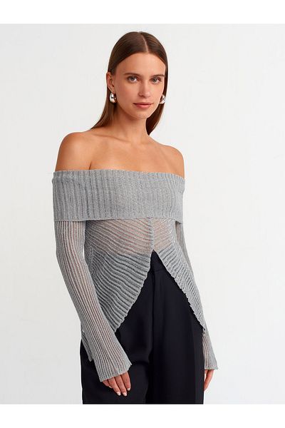 Dilvin 10585 Bardot Collar - Gray Transparent Knitwear Sweater