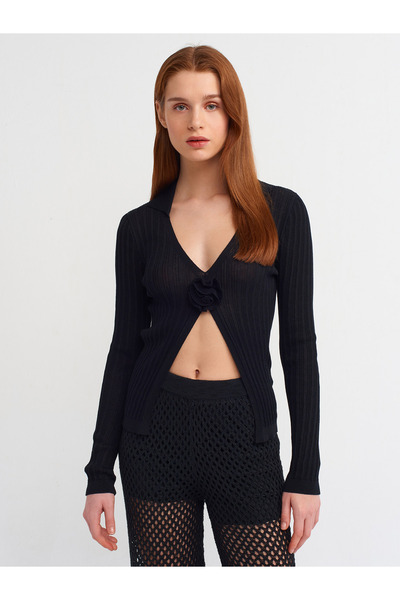 Dilvin 10526 Bluză tricotată transparentă cu decolteu polo cu detaliu floral-...