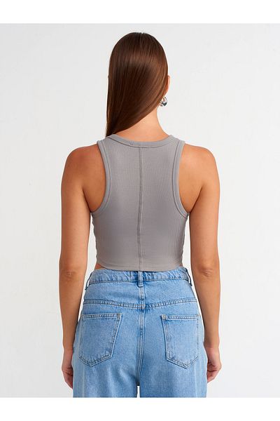 Dilvin 20820 Model - Gray Stitching Effect Crop Top