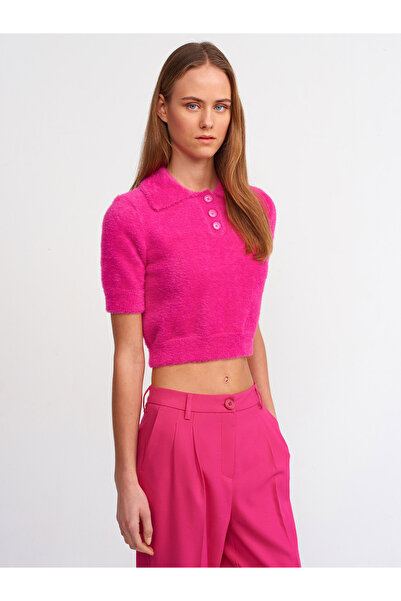 Dilvin 10475 Pulover crop cu textura moale cu guler polo cu nasturi-fucsia