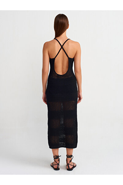 Dilvin 90213 Πλεκτό φόρεμα με λαιμόκοψη V-λαιμόκοψη-Μαύρο