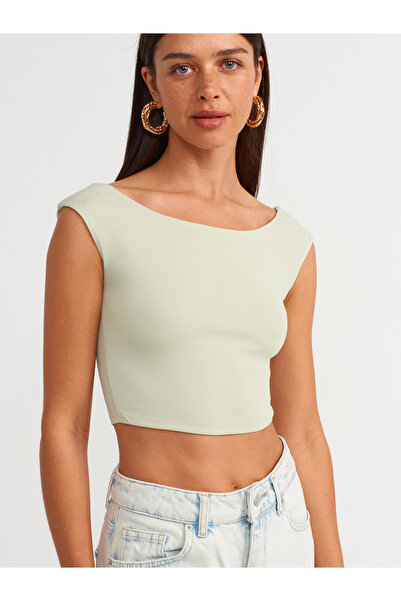 Dilvin 20869 Mint Color Boat Neck Crop Top