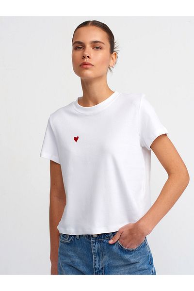 Dilvin 30584 Βαμβακερό μπλουζάκι Crew Neck-Λευκό