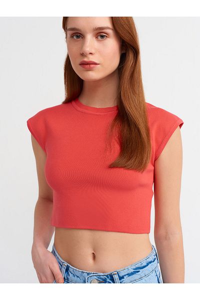 Dilvin 10525 Πλεκτό κοντομάνικο λαιμόκοψη Top-A.Red