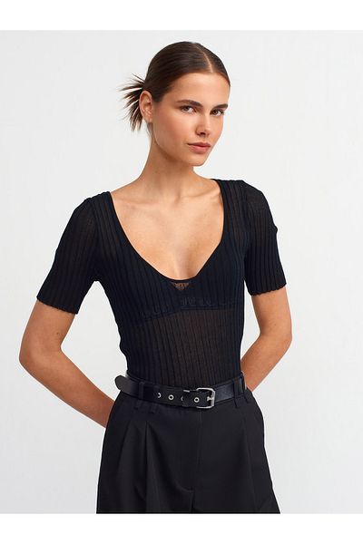 Dilvin 10519 Bluză din tricotaje transparente cu nervuri-negru