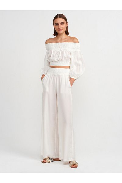 Dilvin 71537 White Wide Pants - Elastic Waist