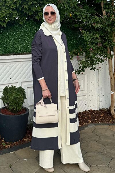 Rabia Şamlı Anthracite Image Striped Knitwear Cardigan