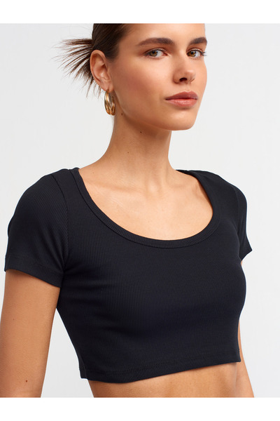 Dilvin 30876 Kısa Kollu Crop Top-Siyah